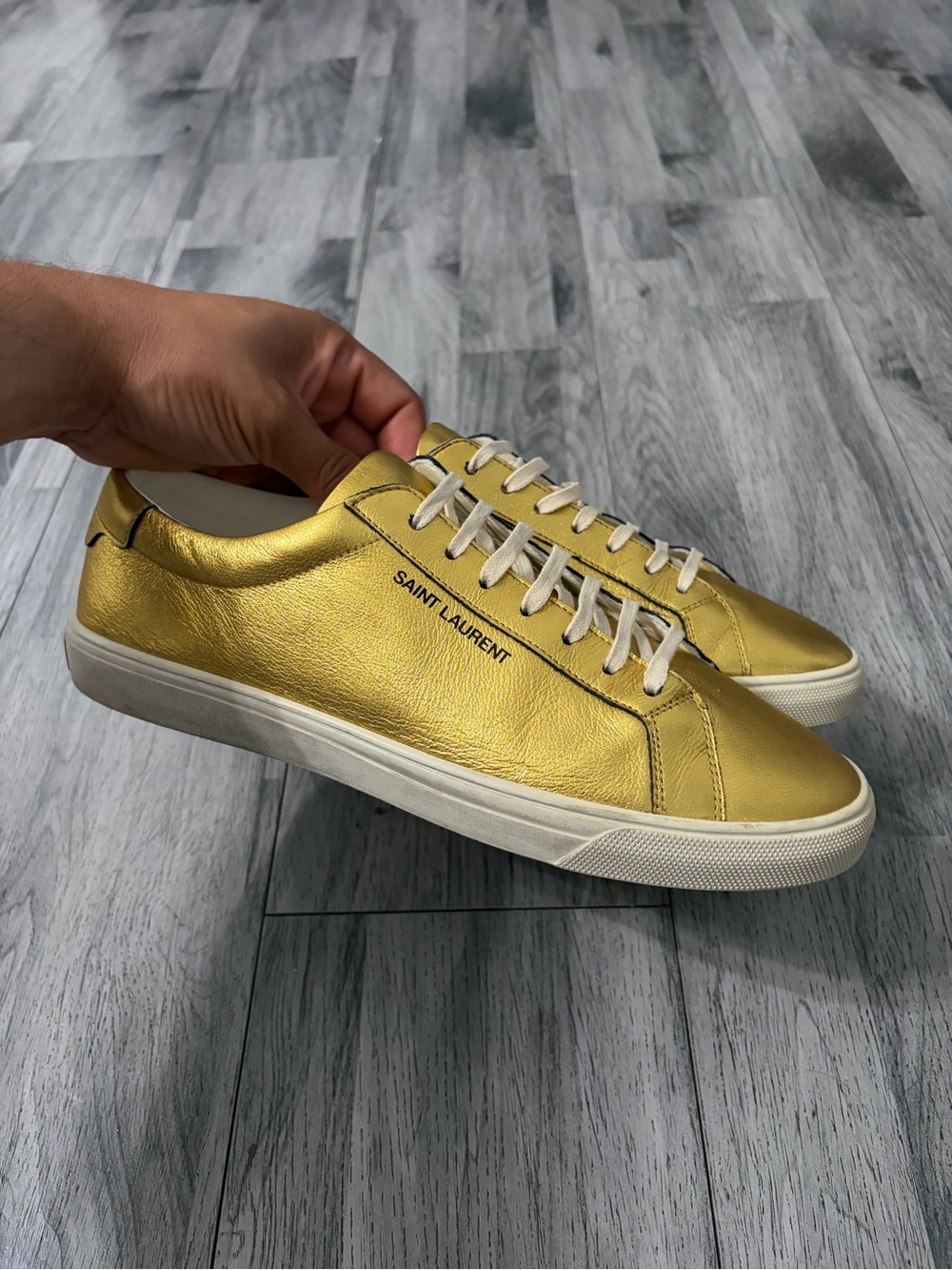 Saint Laurent Andy Metallic Gold Low-Top Sneakers with White Laces